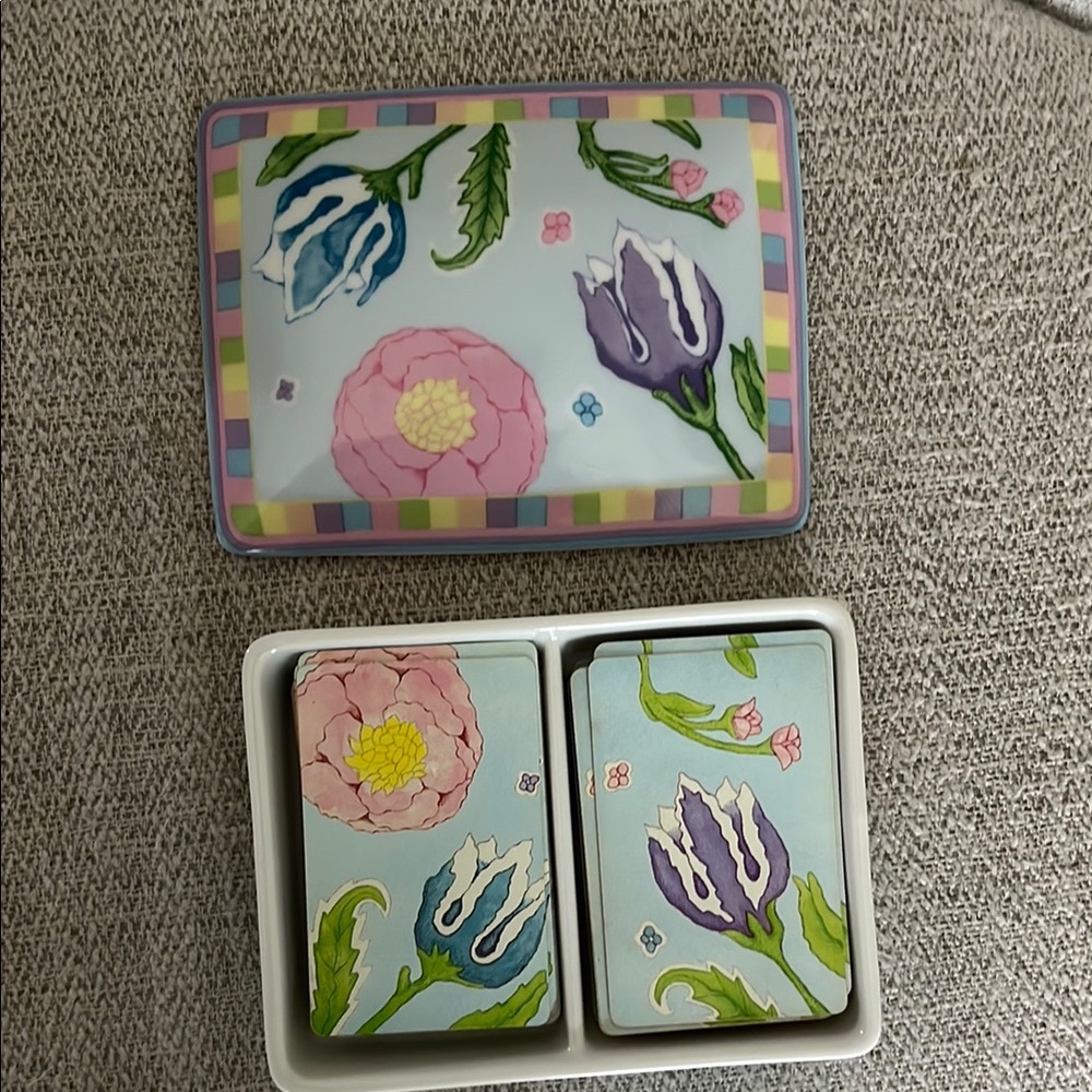 Horchow vintage porcelain divided card holder with two decks of playing cards